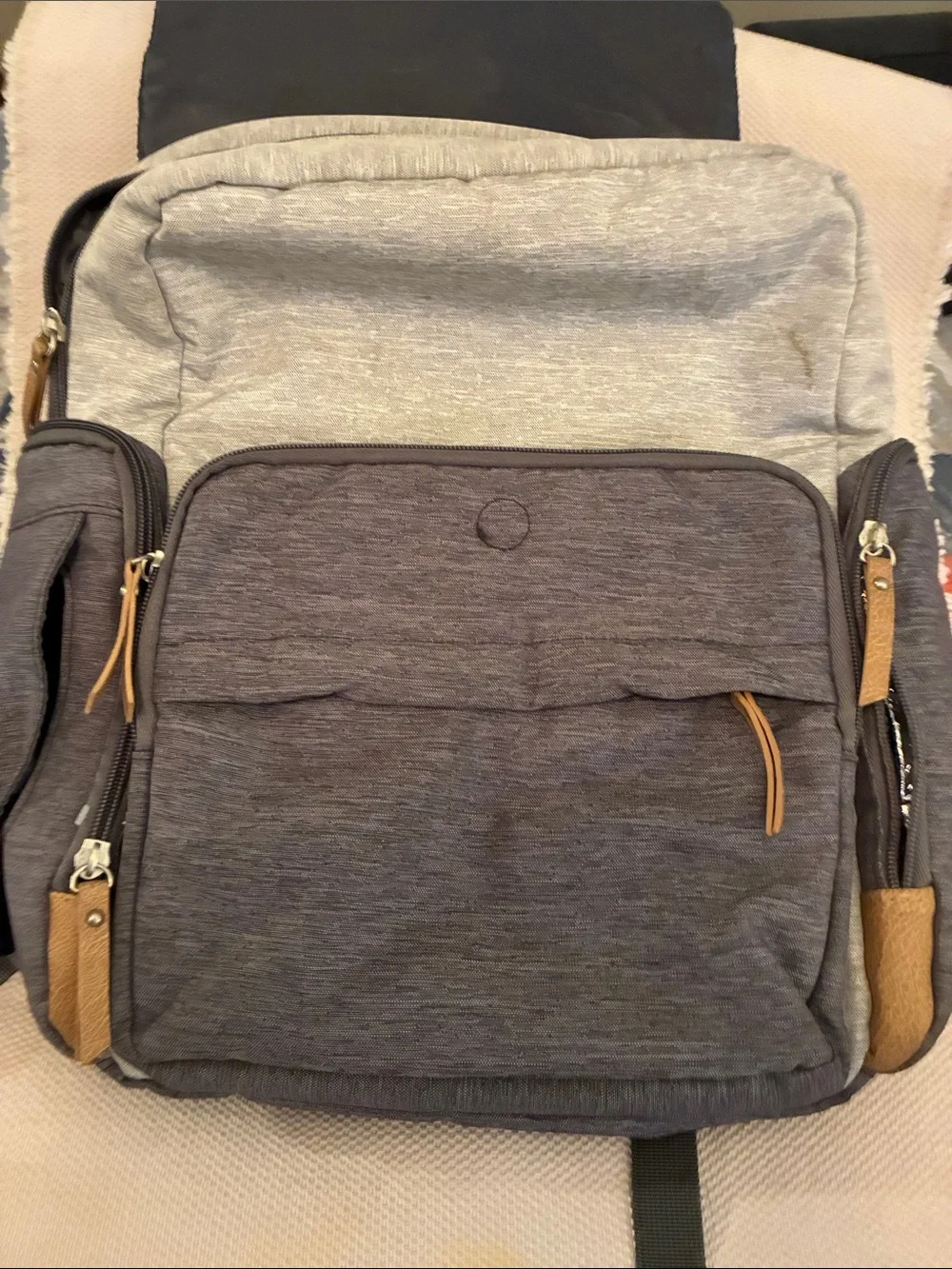 Eddie Bauer Cascade Canvas Two-Tone Gray & Cream DiaperBackpack w/ Tan Accents